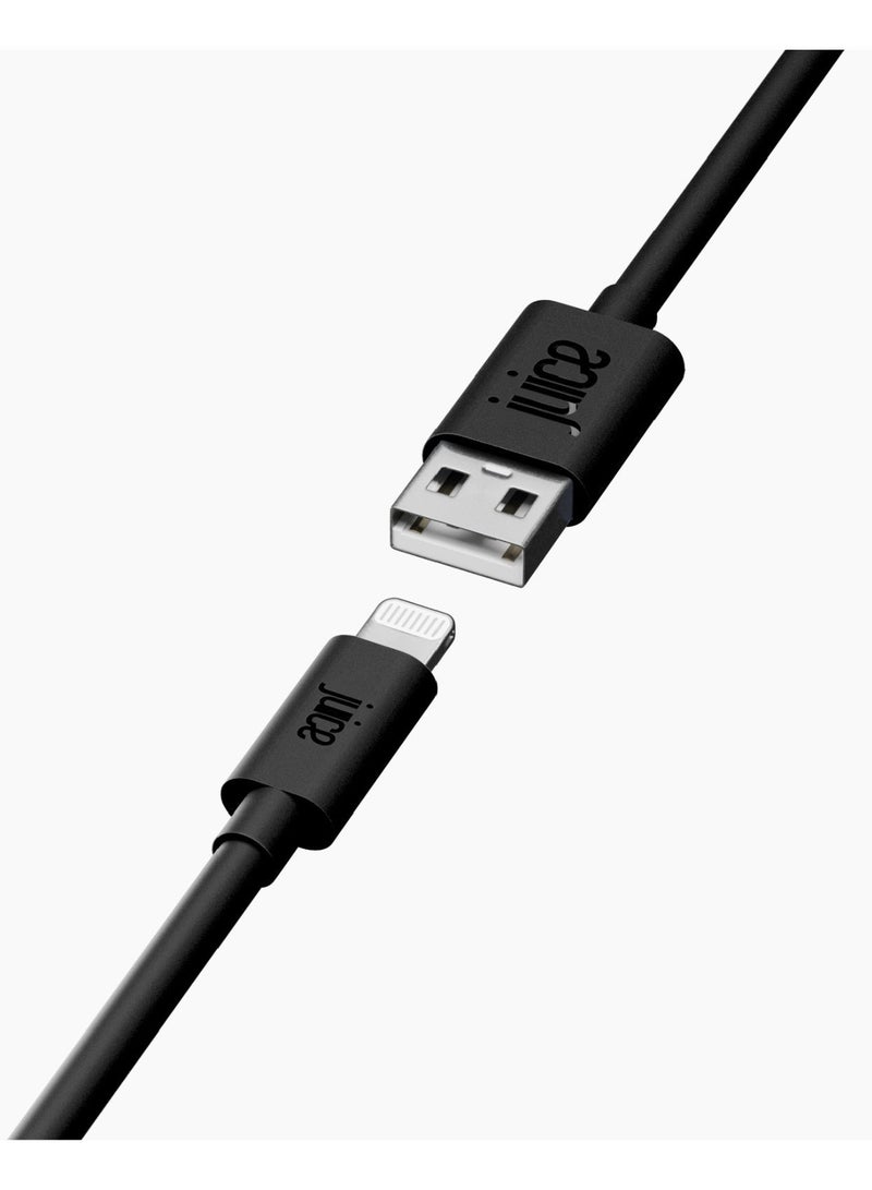 جوس كابل JUICE XXL USB-A إلى Apple Lightning، مصنوع من مادة TPE معاد تدويرها بنسبة 100% ومعزّز للمتانة، يدعم الشحن ونقل البيانات، معتمد من MFI للشحن السريع، متوافق مع أحدث الطرازات: iPhone و16 و15 و14 و13 و12 و11 Pro Max وXR وXS وX و8 وSE، بالإضافة إلى iPad، بطول 3 أمتار، باللون الأسود. - Image 1